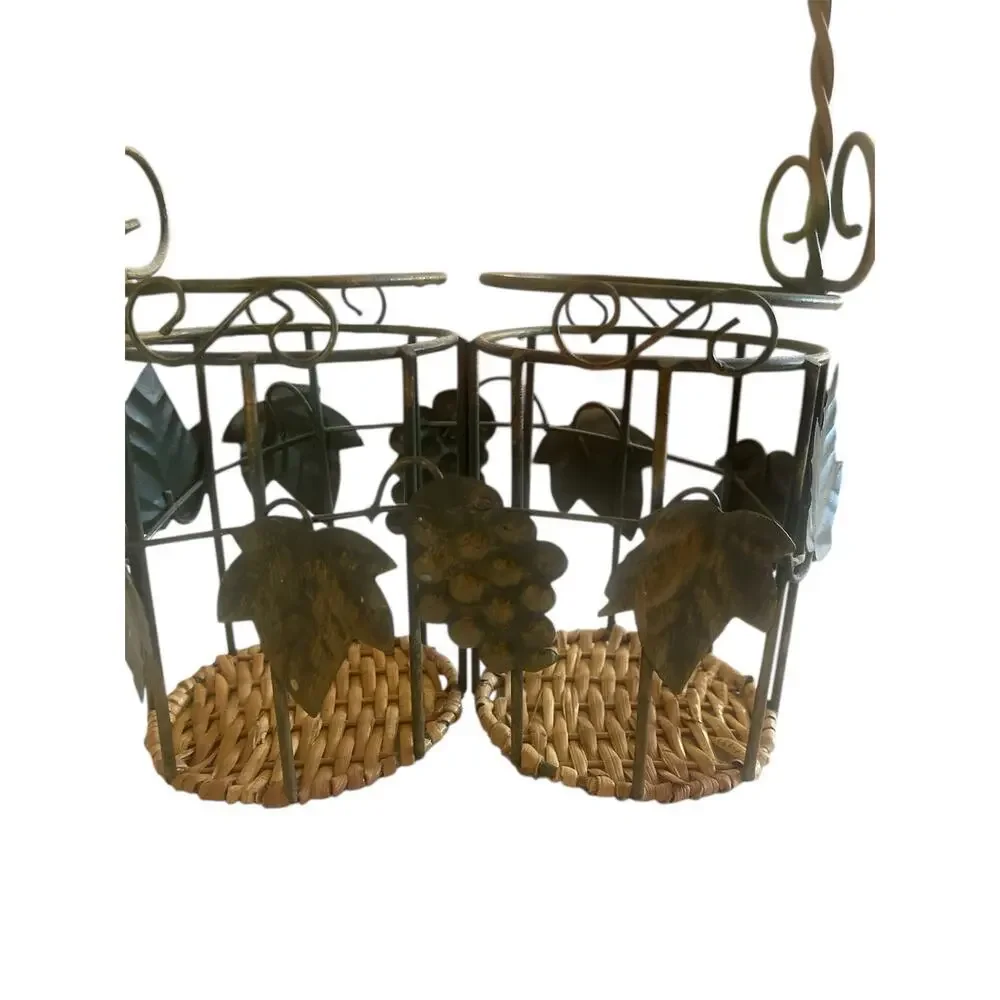 Metal & Wicker‎ Double Wine Bottle Basket with Handle & Grape Vine Motif